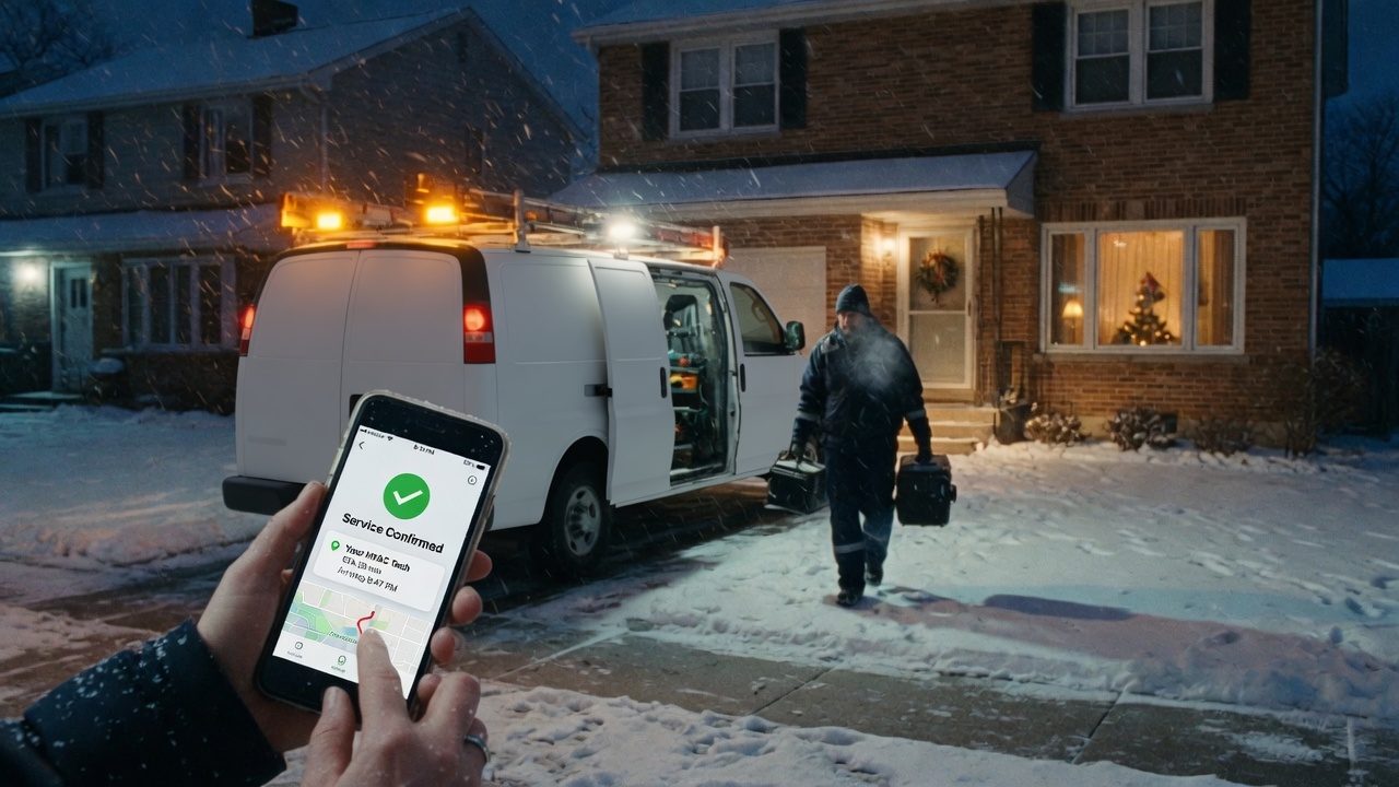 On a snowy night a homeowner's phone shows service confirmed while an HVAC technician walks from a van to a lit house
