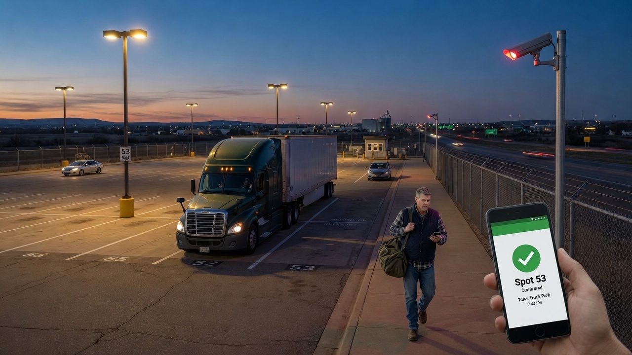 A driver walks away from a parked semi at dusk while a phone shows Spot 53 confirmed at Tulsa Truck Park