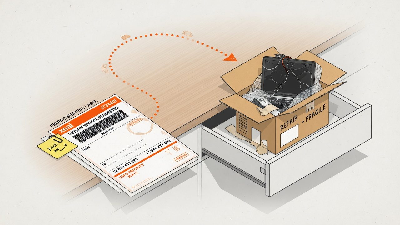 Open kitchen drawer holding a labeled package, crossed-out calendar pages, and a cracked funnel dripping orange paint
