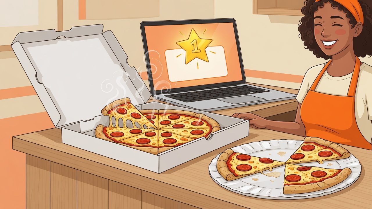 A steaming hot pizza in an open box next to a cold leftover pizza, with a gold first-place star on a laptop screen