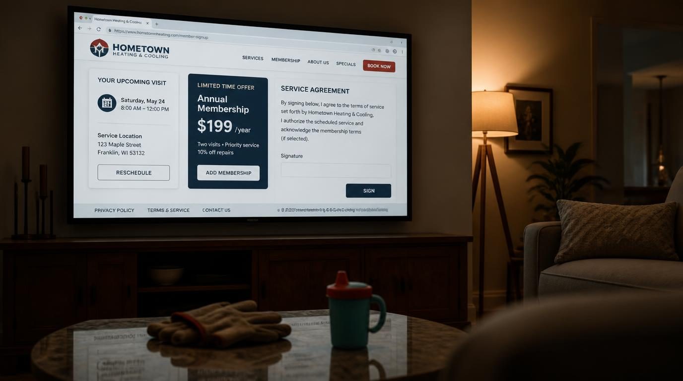 A living room television showing a heating company site with an upcoming visit, a $199 membership offer, and a service agreement to sign, with work gloves and a sippy cup on the coffee table
