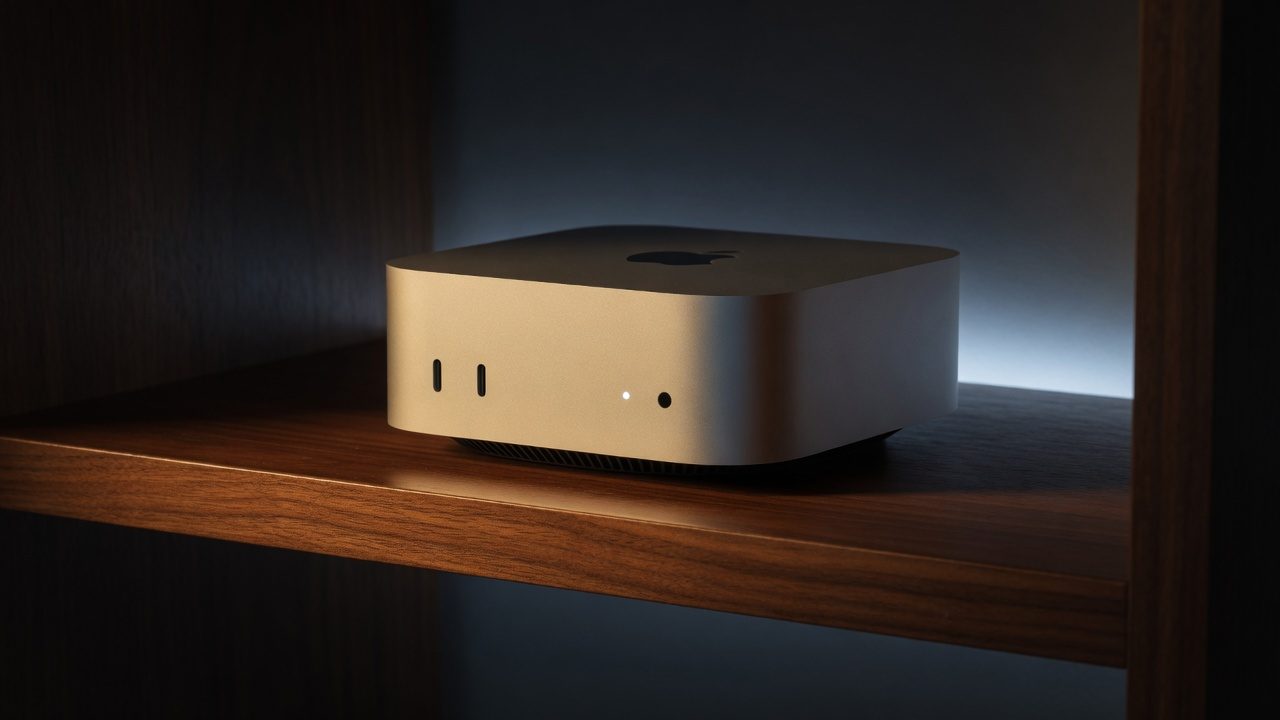 Silver Mac mini sitting on a dark office shelf at night with the power light on