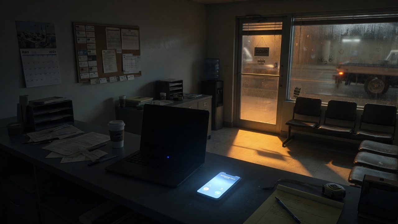 A closed shop at night with an incoming call lighting up a phone on the empty front counter