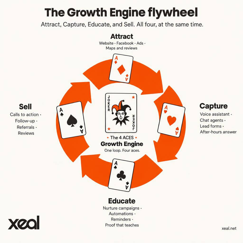The 4 ACES Growth Engine flywheel as four ace cards and a joker: Attract diamonds, Capture hearts, Educate clubs, Sell spades, joker in the center