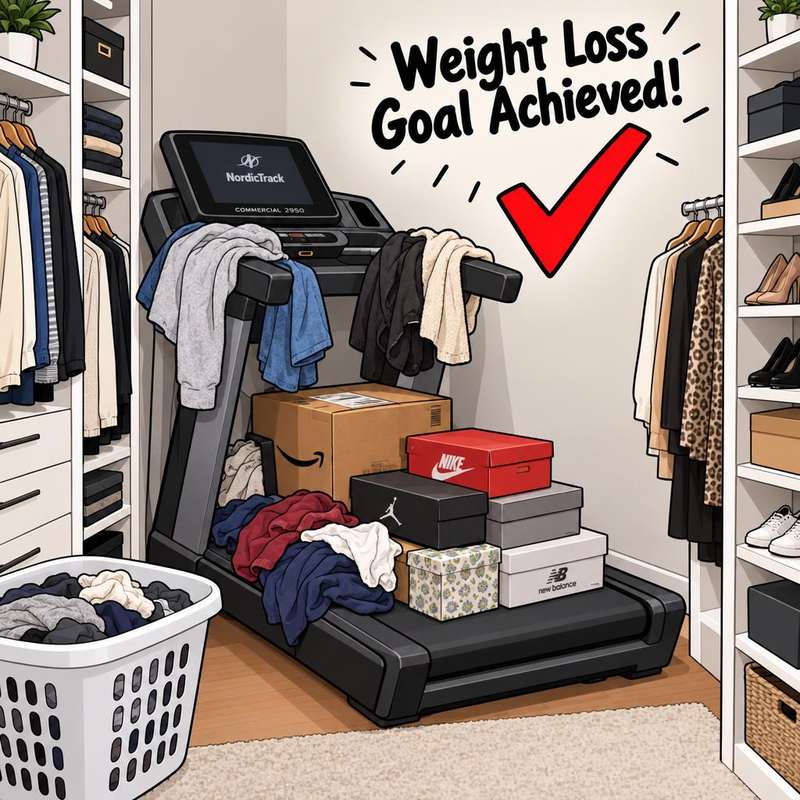 A treadmill in a closet buried under laundry, coats, and shoeboxes, with a giant checkmark on the wall