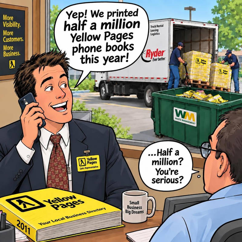 A Yellow Pages sales rep boasts about printing half a million books in 2011 while workers dump the same books into a Waste Management bin